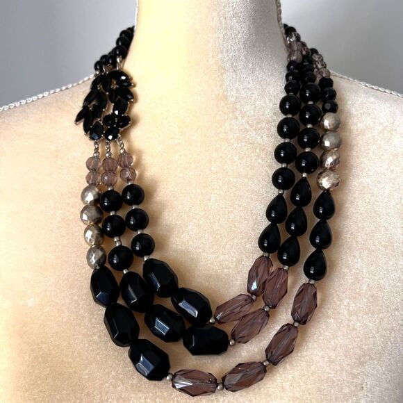 Black Beaded Multi Row Statement Long Necklace‎ 22 in - Picture 1 of 8